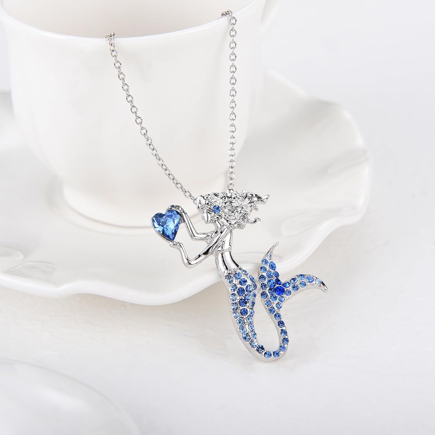 Elegant Mermaid Birthstone Necklace in White Gold Plated with Austrian Crystal - Perfect Gift for Women