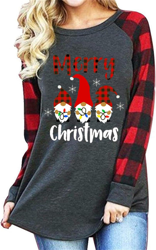 Festive Gnome Christmas T-Shirt for Women - Plaid Splicing Raglan Long Sleeve Holiday Top