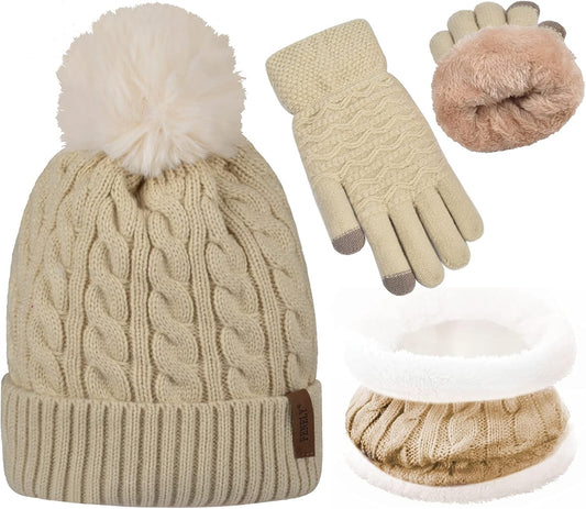 Cozy 3-Piece Winter Set: Classic Knit Beanie, Scarf & Touchscreen Gloves for Women